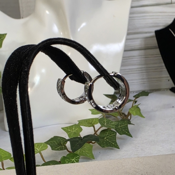 Small White Gold Filled Huggie Hoop Earrings Greek Key Design - Picture 4 of 8